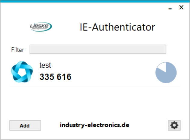 IE-Authenticator application window with filter field, account list and time-based code